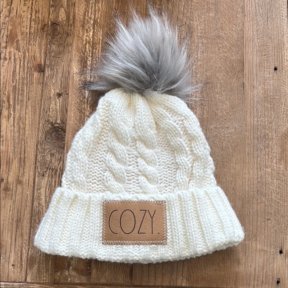 Rae Dunn Accessories - Rae Dunn Cream and Gray Knit Cozy Pom Pom Beanie